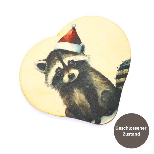 Geldgeschenk Holz - Herz mit Waschbär bedruckt